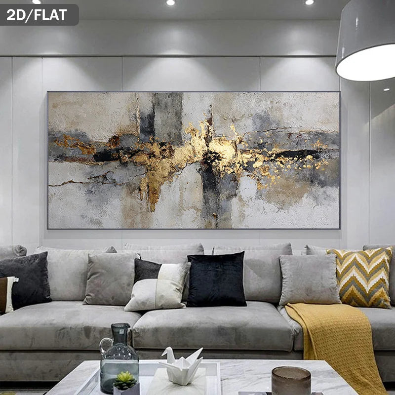 A large rectangular abstract wall art piece with textured gray, white, black, and metallic gold brushstrokes, displayed above a modern gray sectional sofa in a contemporary living room.