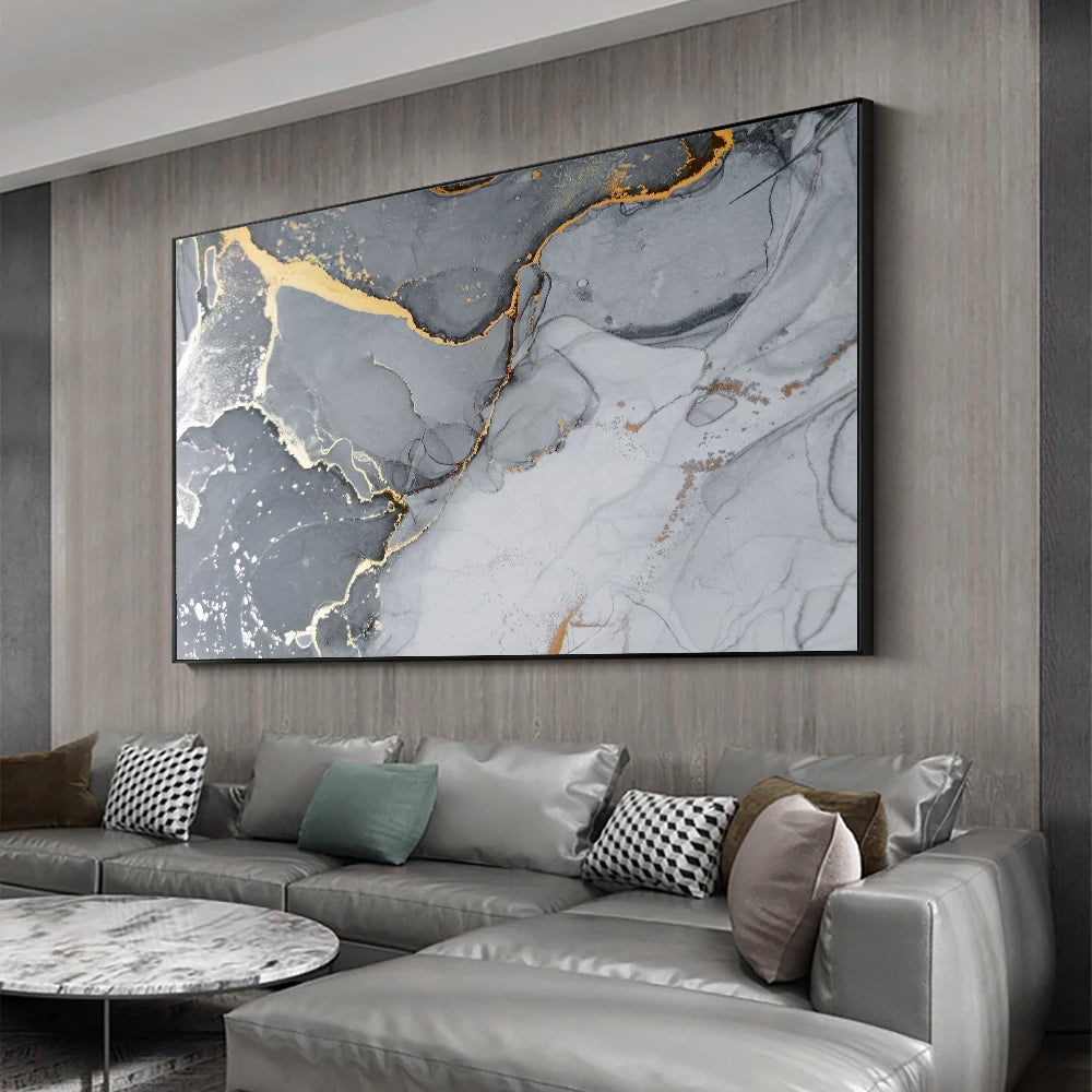 Grey Marble Slab With Golden Veins Wall Art Fine Art Canvas Print Poster Abstract Picture For Above The Sofa Modern Living Room Decor