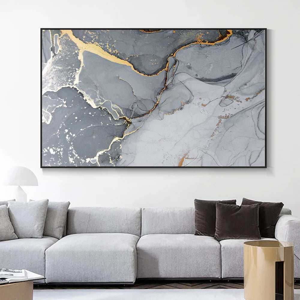 Grey Marble Slab With Golden Veins Wall Art Fine Art Canvas Print Poster Abstract Picture For Above The Sofa Modern Living Room Decor