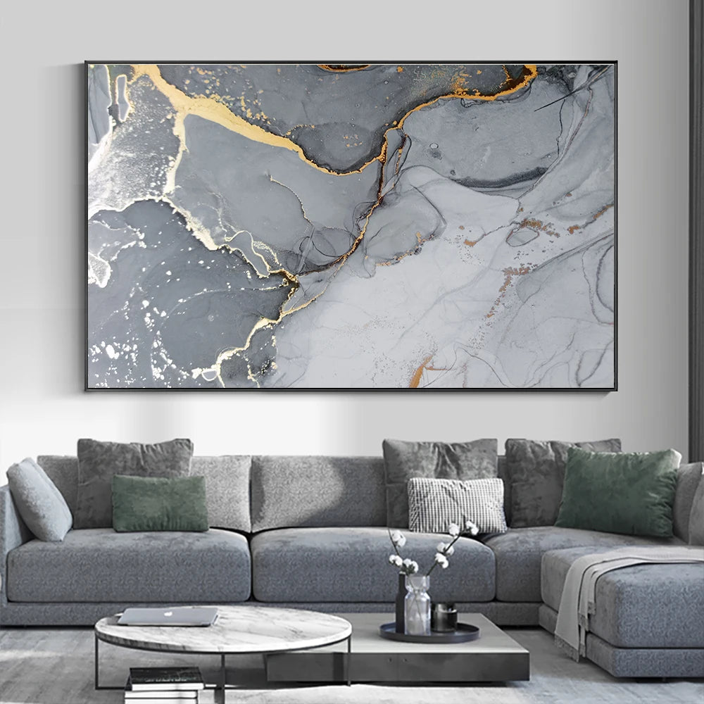 Grey Marble Slab With Golden Veins Wall Art Fine Art Canvas Print Poster Abstract Picture For Above The Sofa Modern Living Room Decor