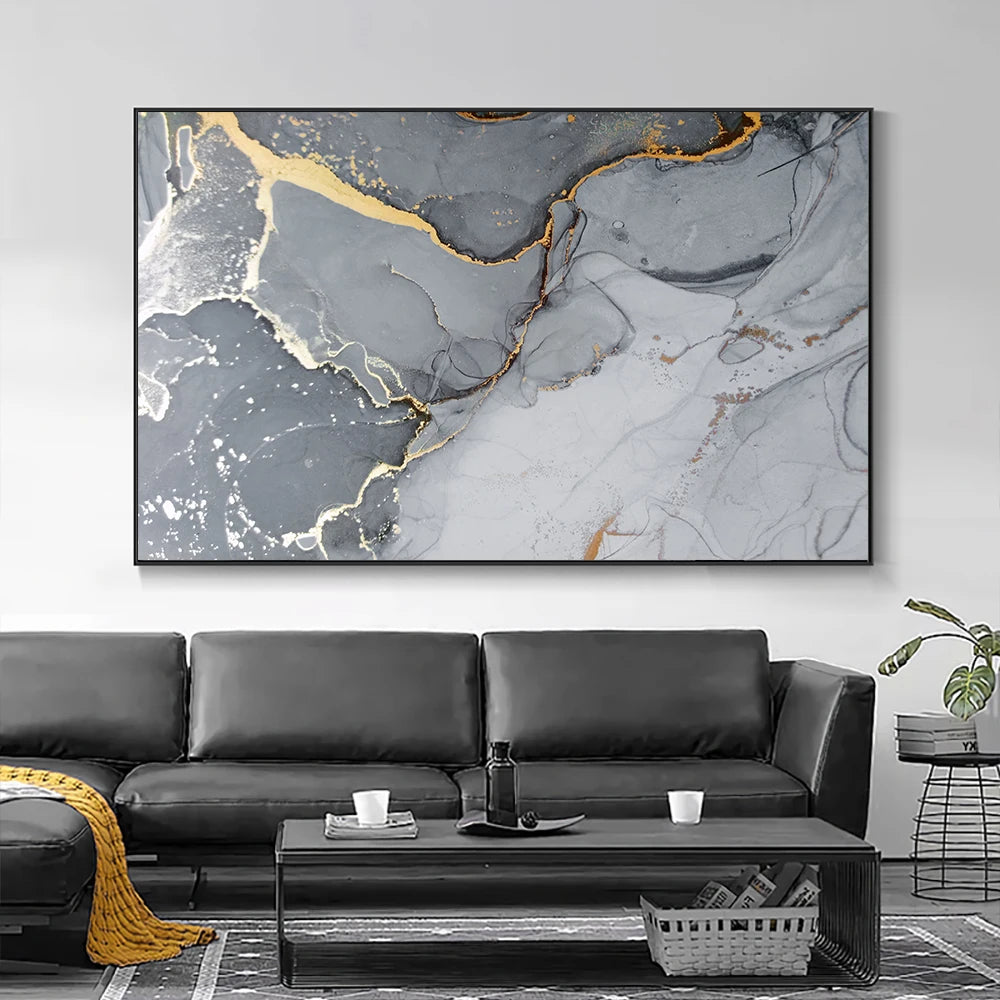 Grey Marble Slab With Golden Veins Wall Art Fine Art Canvas Print Poster Abstract Picture For Above The Sofa Modern Living Room Decor