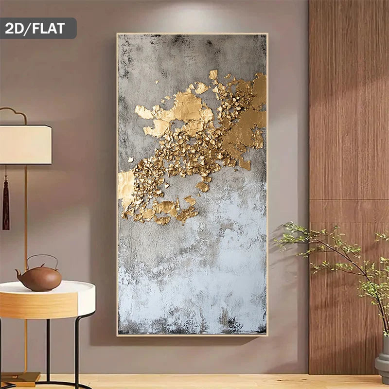 Abstract art piece with gold leaf on a gray background in a modern interior setting.