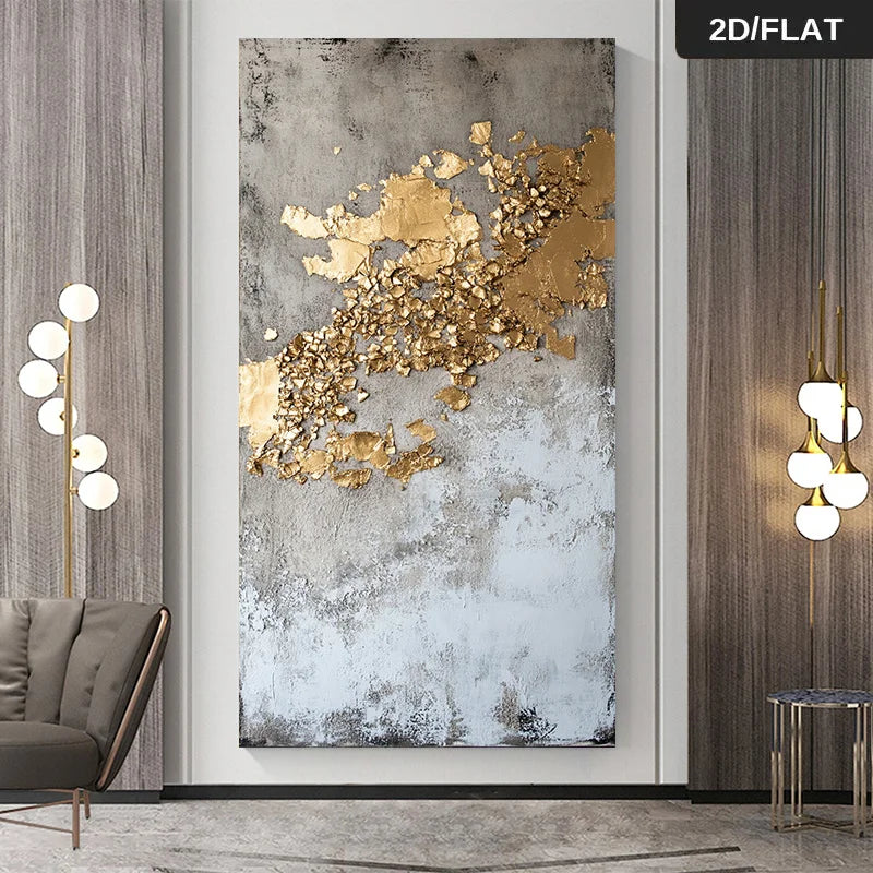 Abstract art piece with gold leaf on a textured gray background in a modern living room setting.