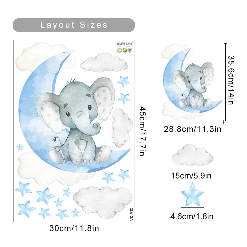 Cute Blue Moon Elephant & Stars Wall Stickers For Nursery Room Decor Removable Peel & Stick Wall Decals For Creative DIY Kid's Room Decor