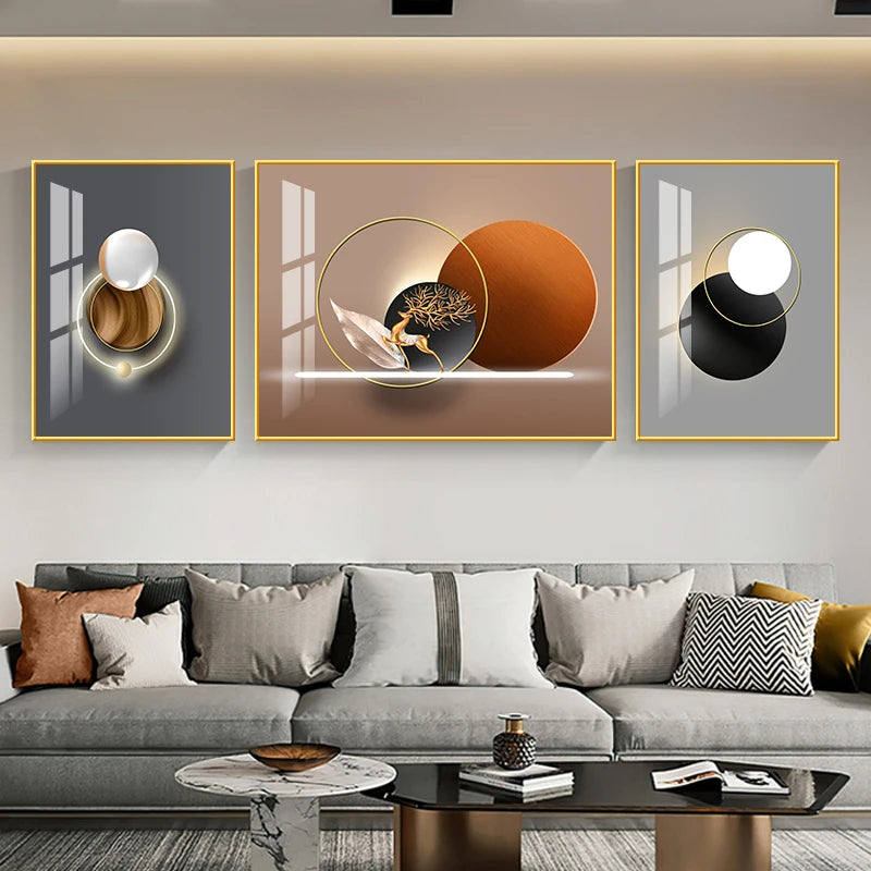 Set of 3Pcs Nordic Abstract Circle Of Light Auspicious Flowing Landscape Wall Art Fine Art Canvas Prints Pictures For Luxury Living Room Dining Room Wall Decor (Triptych, Set of 3)