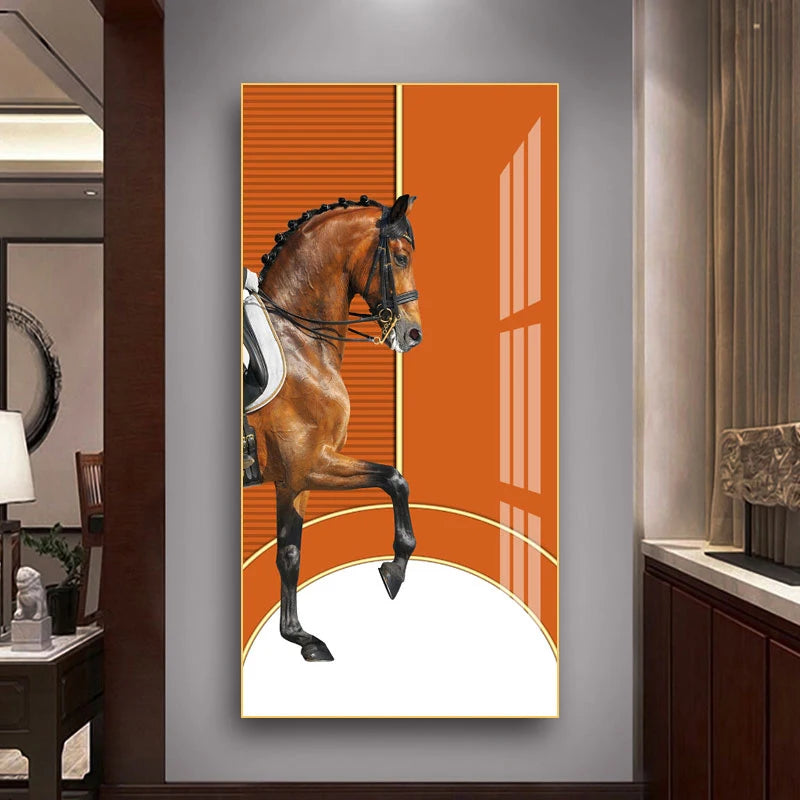 Elegant Equestrian Wall Art Fine Art Canvas Print Majestic Bay Horse Portrait on Abstract Orange Background for Pictures For Modern Interior Decor