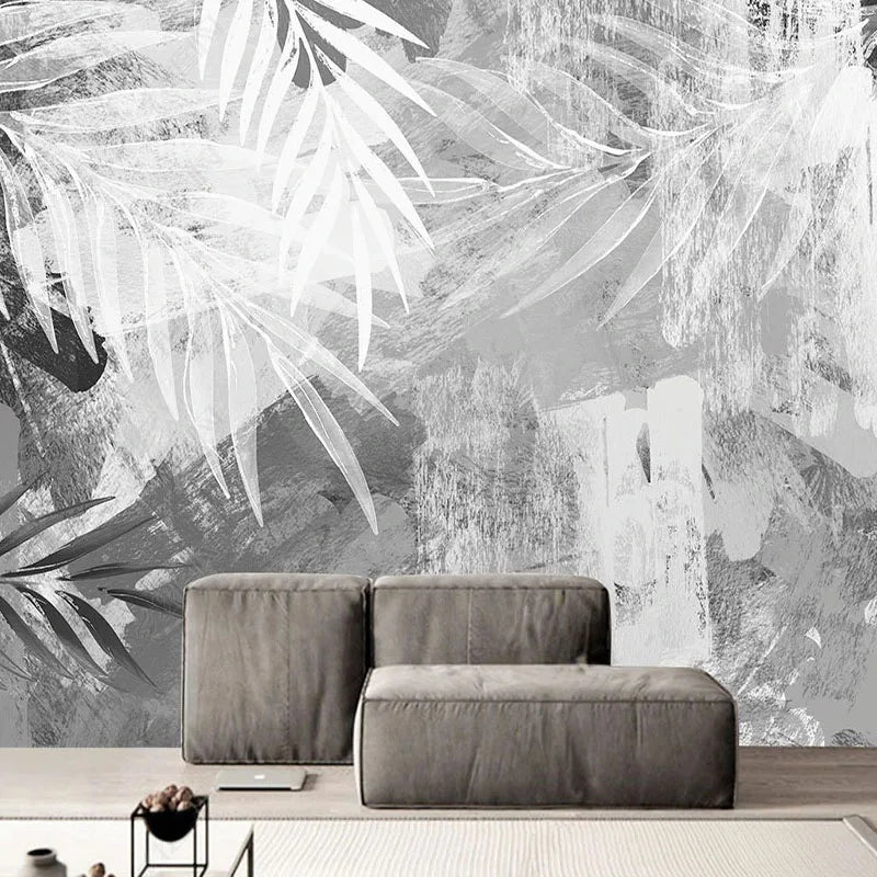 Nordic Wall Mural Black White Abstract Hand Painted Leaf Print Design Large Sizes Wall Art Fresco Custom Size Wall Decor Printed Painting For Living Room Decor