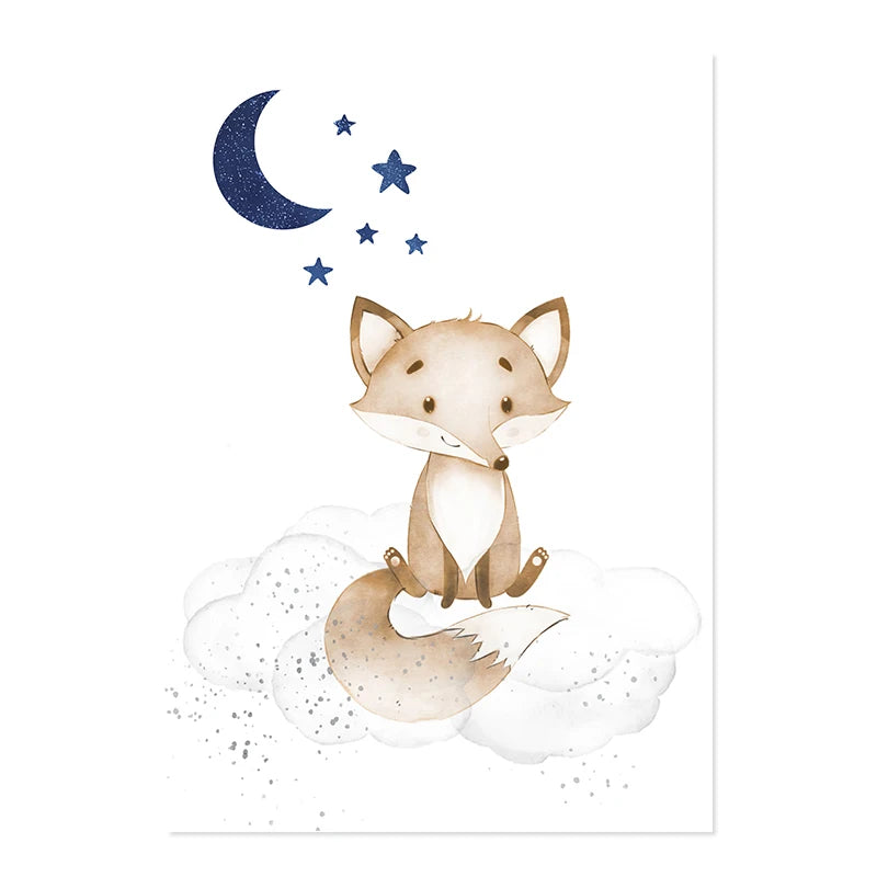 Cute Animals Blue Moon & Stars Personalized Baby's Name Wall Art Fine Art Canvas Prints For Nursery Room Pictures For Kid's Room Decor
