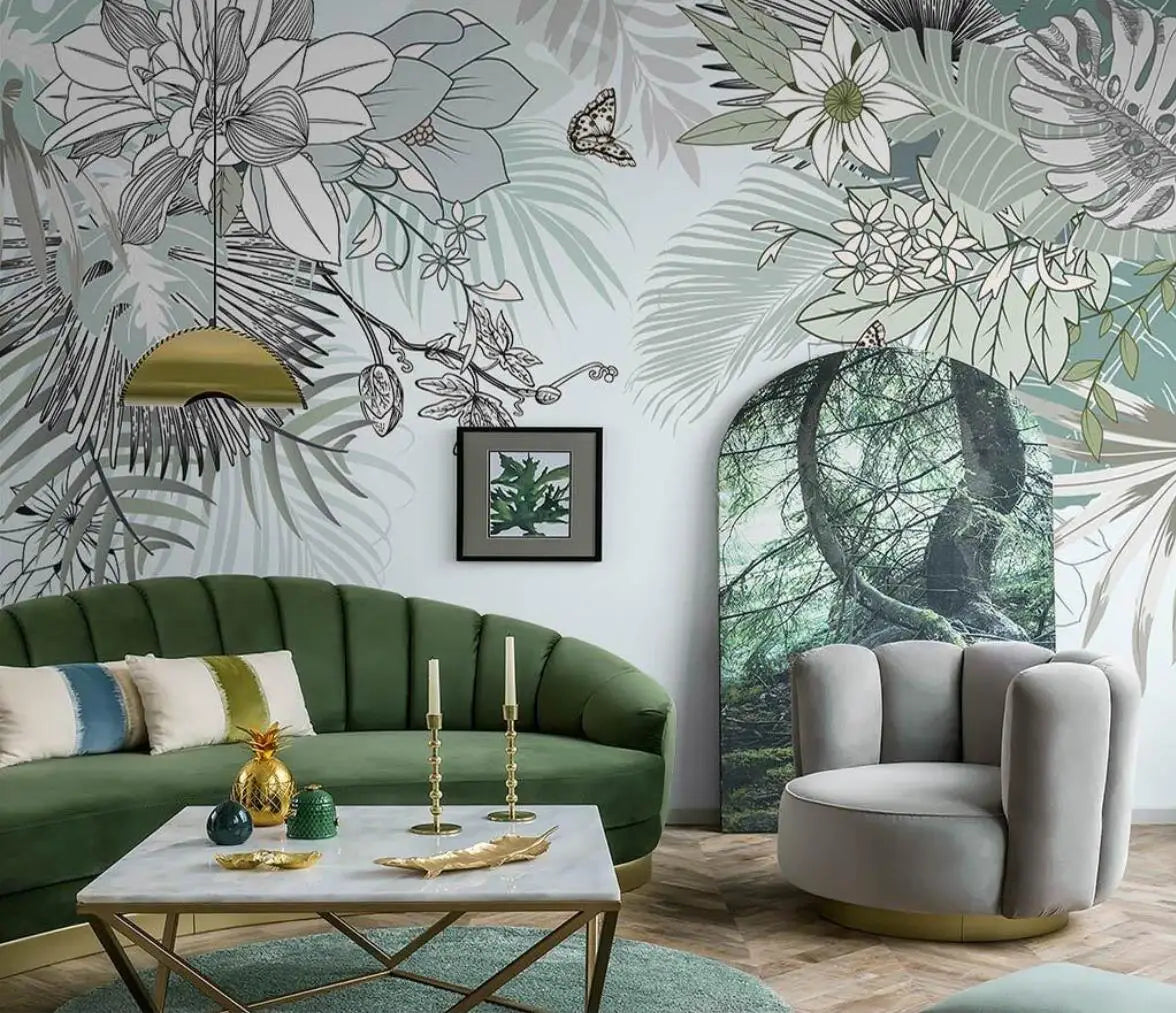 Tropical Green Leaves Wall Mural Big Size Palm Leaf Forest Exotic Foliage Green Leaf Wall Decor Custom Size Wall Covering Wallpaper For Living Room