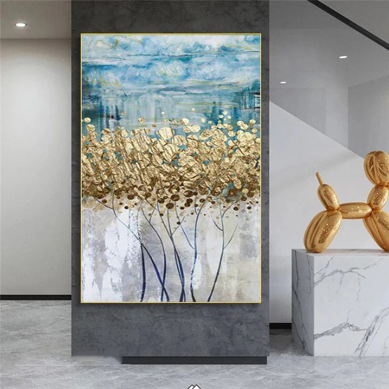 gold money tree painting Abstract Blue Golden Money Tree Wall Art Auspicious Pictures For Modern Apartment – NordicWallArt.com