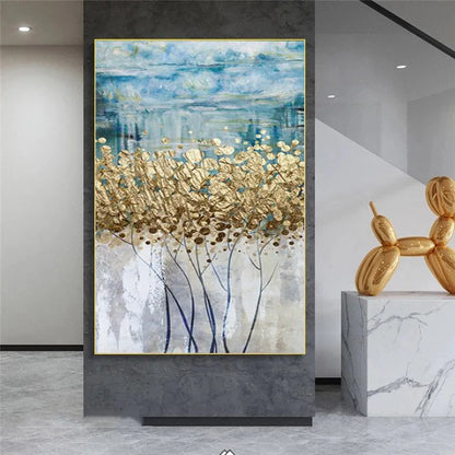 Abstract Blue Golden Money Tree Wall Art Fine Art Canvas Print Auspicious Pictures For Living Room Foyer Light Luxury Art For Modern Interiors