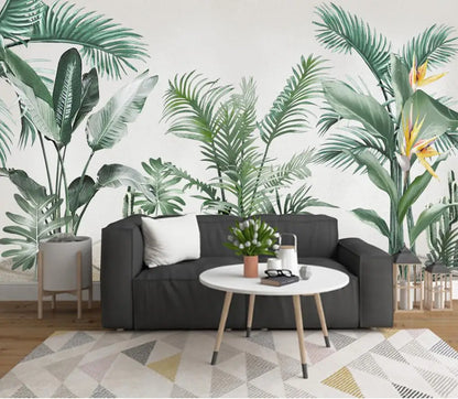 Tropical Green Leaves Wall Mural Big Size Palm Leaf Forest Exotic Foliage Green Leaf Wall Decor Custom Size Wall Covering Wallpaper For Living Room