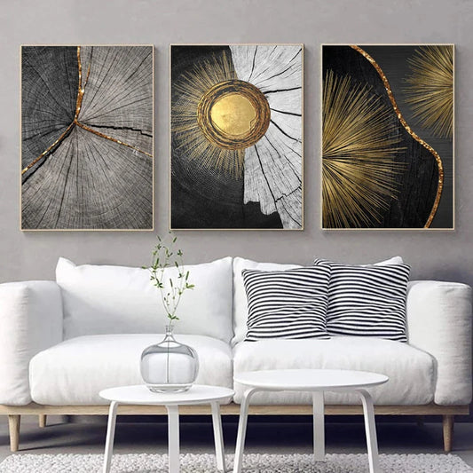 Golden Black Wood Tree Rings Wall Art Fine Art Canvas Prints Modern Abstract Pictures For Urban Loft Luxury Living Room Decor