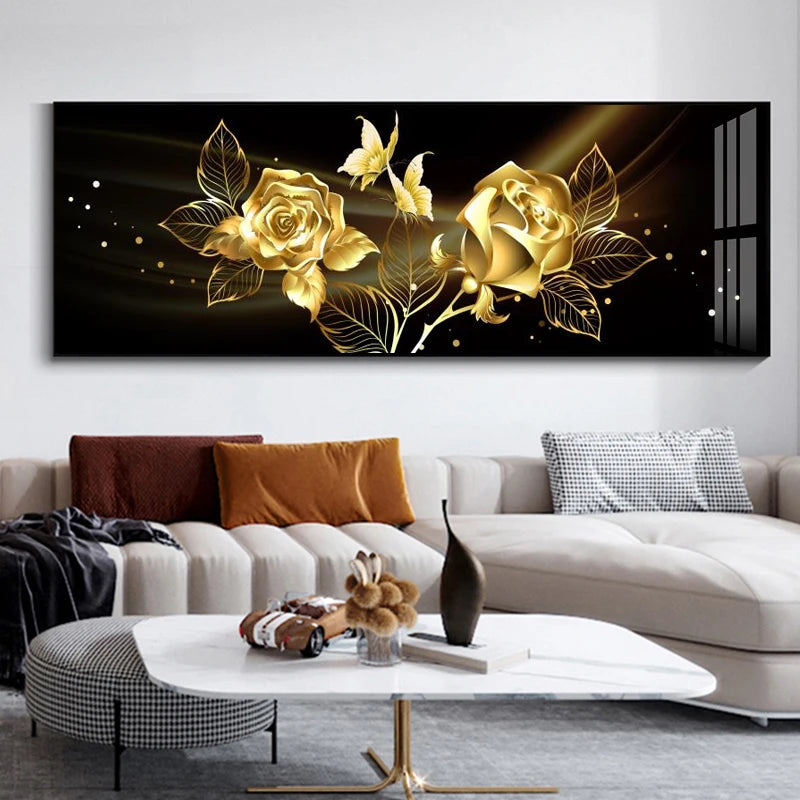 Light Luxury Black Golden Rose Floral Wall Art Fine Art Canvas Prints Wide Format Pictures For Above The Sofa Art For Above The Bed