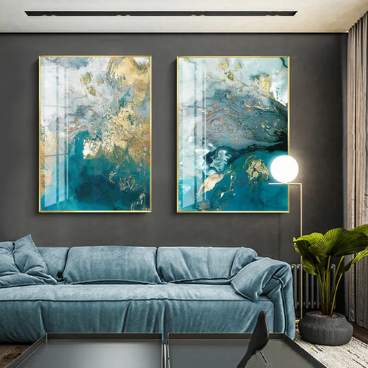 Abstract Aqua Blue Green Jade Golden Liquid Marble Print Wall Art Fine Art Canvas Prints Pictures For Luxury Living Room Art Decor