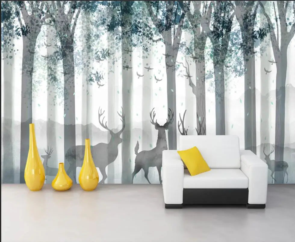 Black & White Woodland Landscape Wall Mural Big Format Custom Sizes Nordic Wall Covering Creative DIY Wall Decor For Living Room