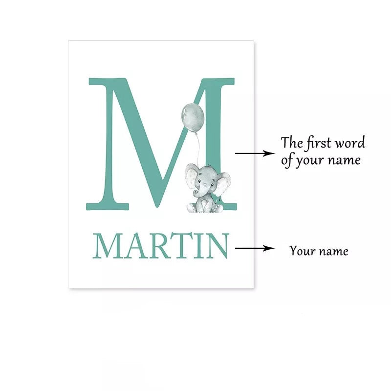 Cute Personalized Baby's Name Wall Art Fine Art Canvas Prints For Nursery Room Baby Elephant Moon & Stars Pictures For Kid's Room Decor