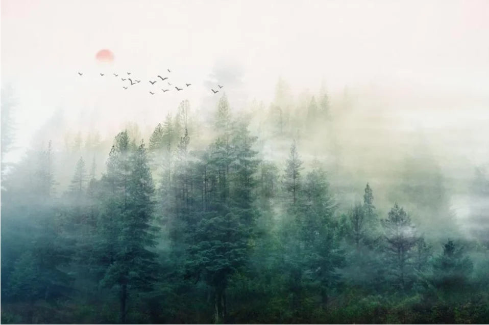 Misty Forest Landscape Wall Mural Big Format Printed Nordic Wallcovering Wallpaper For Modern Living Room Creative Home Office Wall Decoration