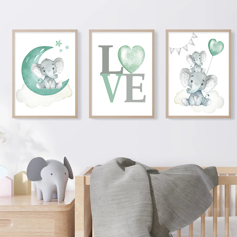 Cute Personalized Baby's Name Wall Art Fine Art Canvas Prints For Nursery Room Baby Elephant Moon & Stars Pictures For Kid's Room Decor