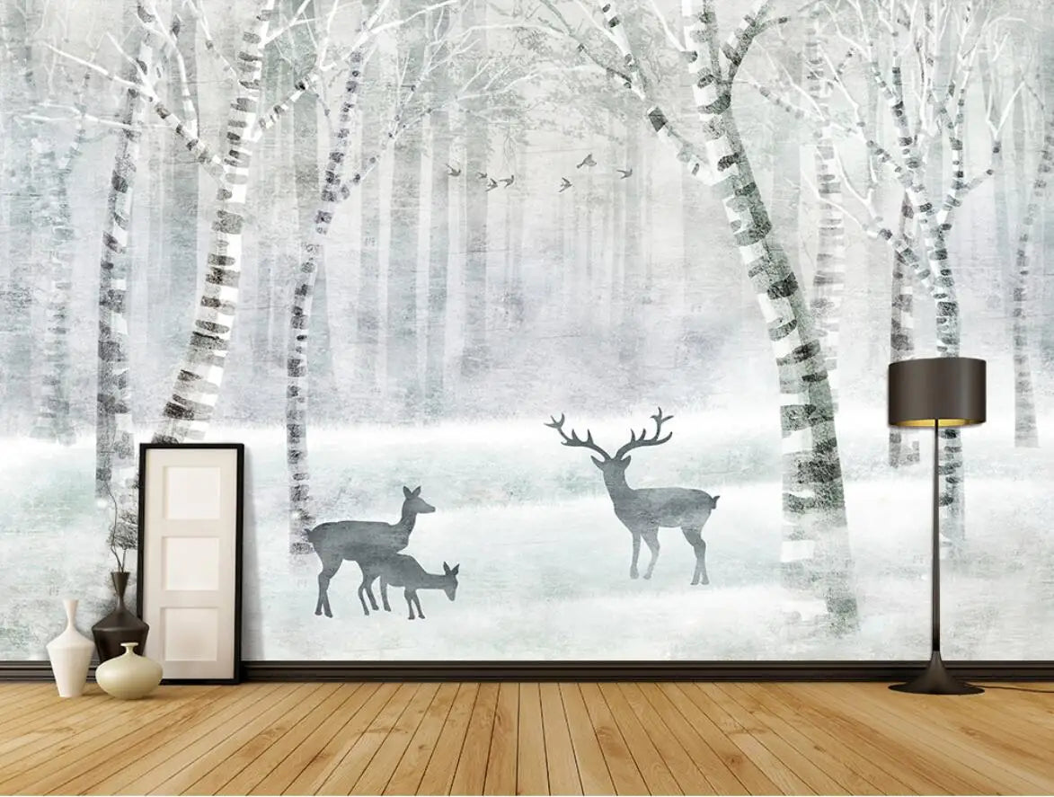 Black & White Woodland Landscape Wall Mural Big Format Custom Sizes Nordic Wall Covering Creative DIY Wall Decor For Living Room