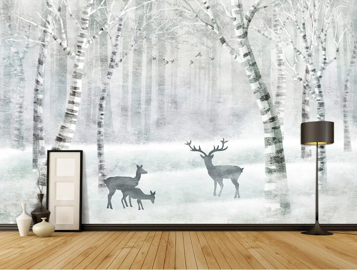 Black & White Woodland Landscape Wall Mural Big Format Custom Sizes Nordic Wall Covering Creative DIY Wall Decor For Living Room