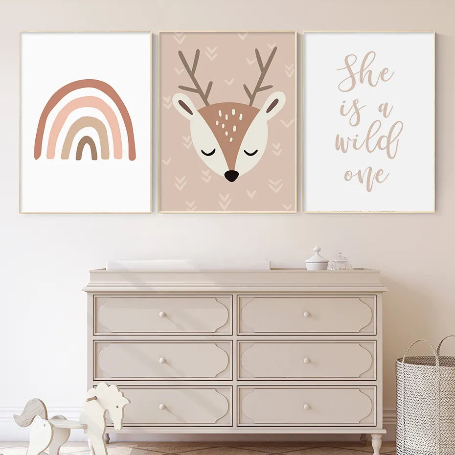 Cute Fawn Deer Wild One Rainbow Nursery Wall Art Fine Art Canvas Prints Nordic Pictures For Nursery Room Baby's Bedroom Wall Art Decor