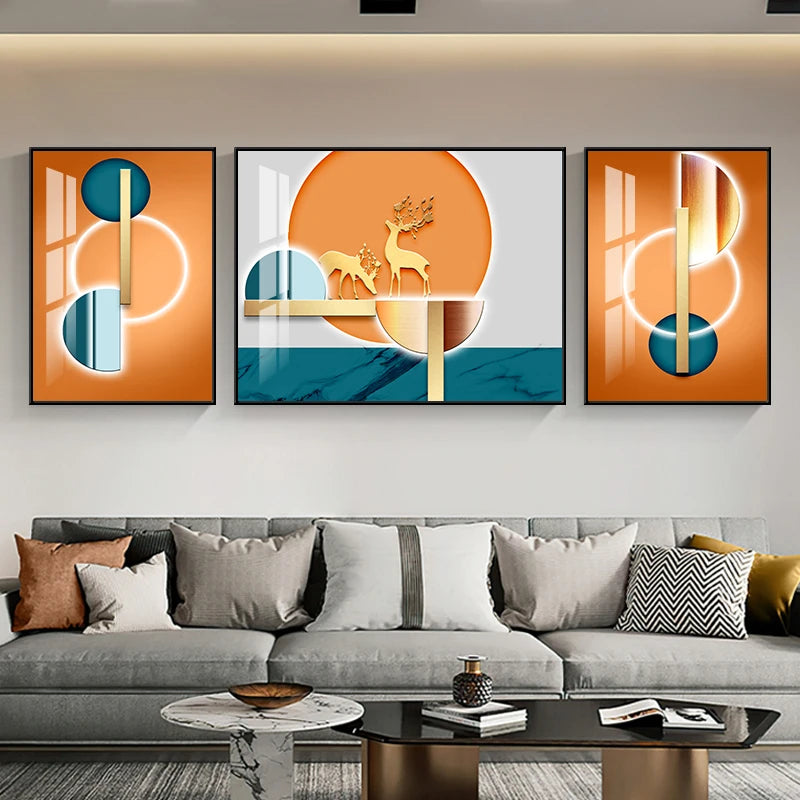 Set of 3Pcs Nordic Abstract Circle Of Light Auspicious Flowing Landscape Wall Art Fine Art Canvas Prints Pictures For Luxury Living Room Dining Room Wall Decor (Triptych, Set of 3)