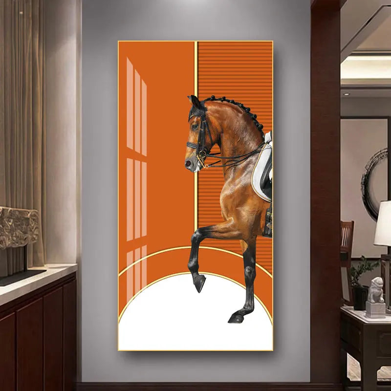 Elegant Equestrian Wall Art Fine Art Canvas Print Majestic Bay Horse Portrait on Abstract Orange Background for Pictures For Modern Interior Decor