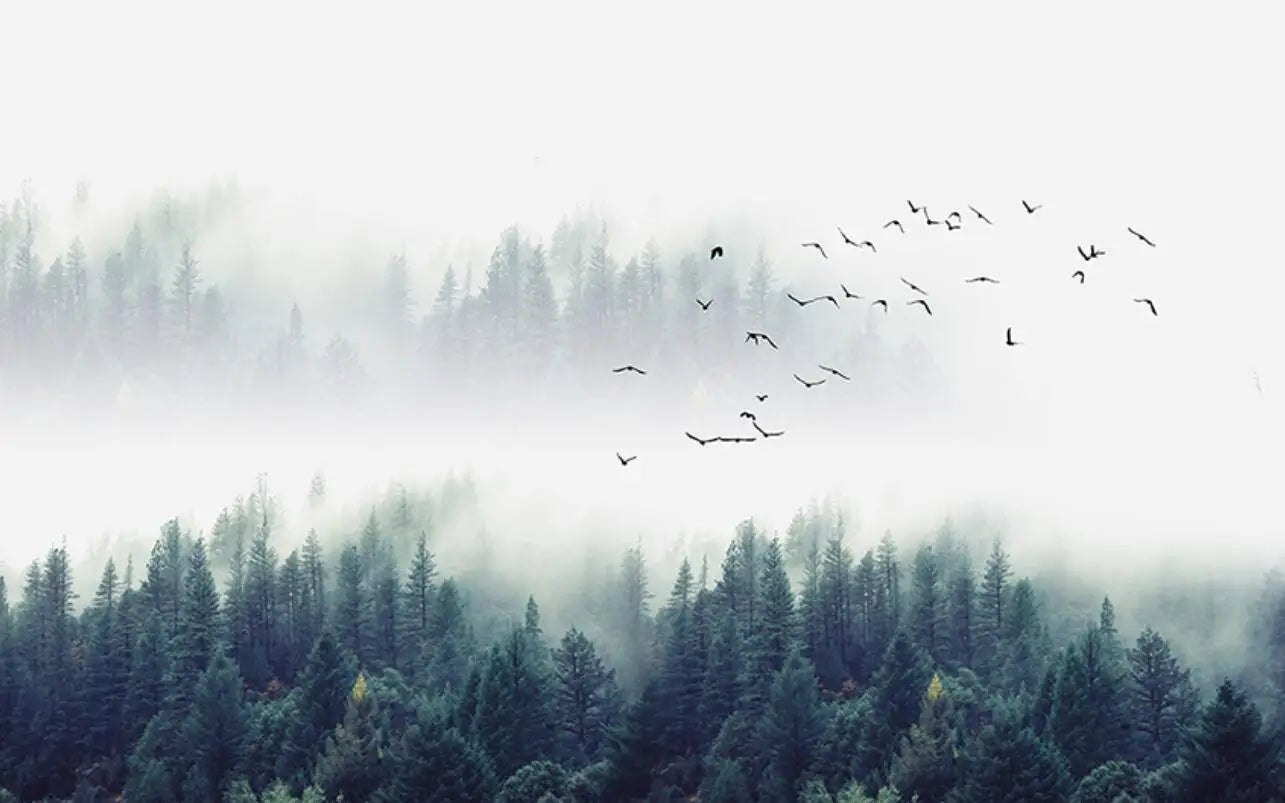 Misty Forest Landscape Wall Mural Big Format Printed Nordic Wallcovering Wallpaper For Modern Living Room Creative Home Office Wall Decoration