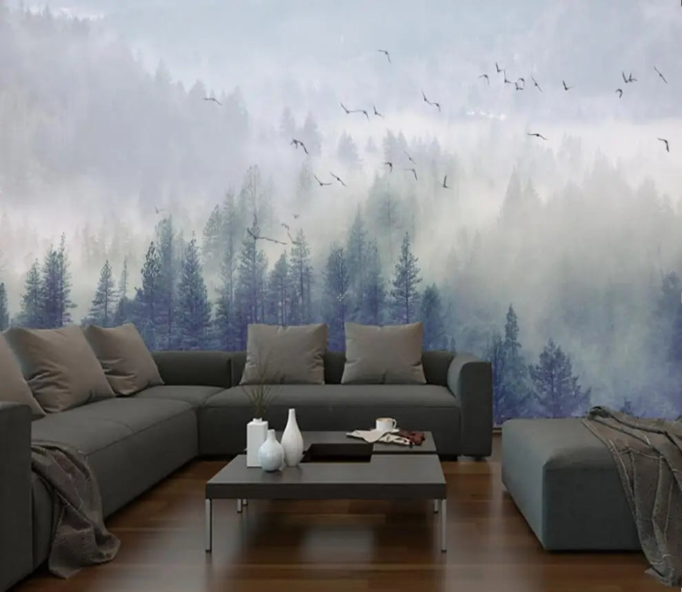 Misty Forest Landscape Wall Mural Big Format Printed Nordic Wallcovering Wallpaper For Modern Living Room Creative Home Office Wall Decoration