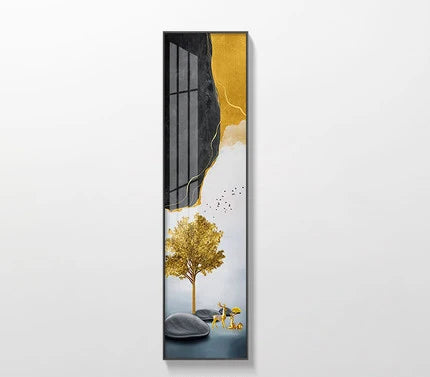 Golden Tree Auspicious Landscape Wall Art Fine Art Canvas Prints Tall Column Vertical Format Pictures For Foyer Stairway Entrance Hallway Decor