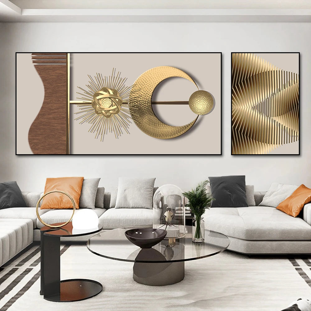 Modern Abstract Golden Sun Moon Wall Art Fine Art Canvas Prints 3d Visual Geometric Pictures For Luxury Loft Penthouse Home Office Decor