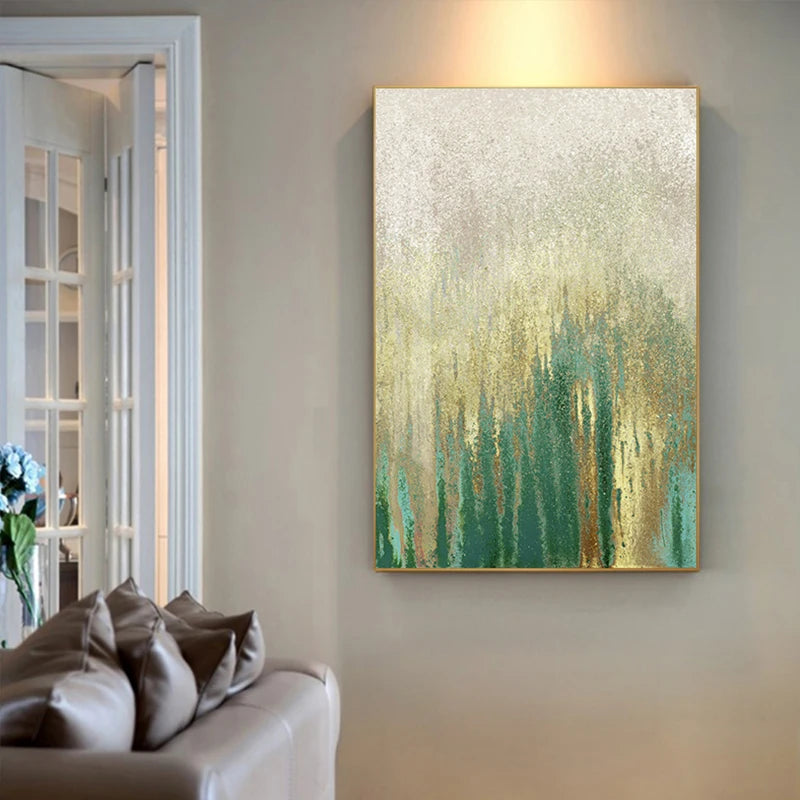 Green Beige Golden Abstract Wall Art Fine Art Canvas Prints Pictures For Modern Apartment Living Room Dining Room Art Decor
