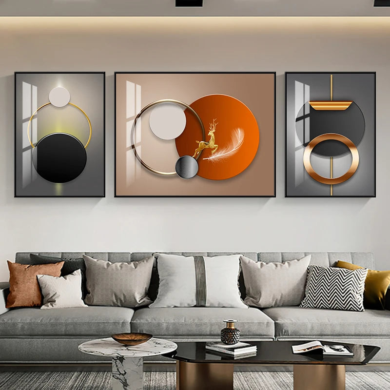 Set of 3Pcs Nordic Abstract Circle Of Light Auspicious Flowing Landscape Wall Art Fine Art Canvas Prints Pictures For Luxury Living Room Dining Room Wall Decor (Triptych, Set of 3)