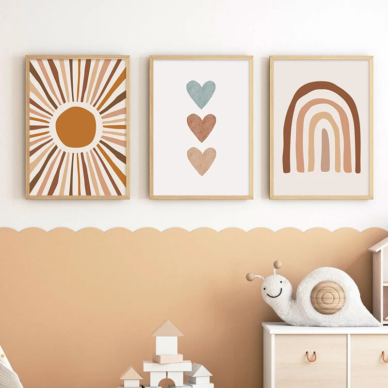 Sun & Rainbow Personalized Nordic Nursery Wall Art Fine Art Canvas Prints Customized Baby's Name Posters Prints For Kid's Room Decor