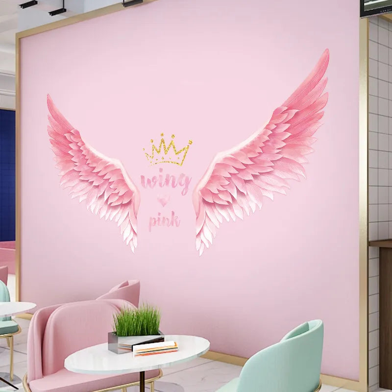 Cute Golden Crown Pink Wings Wall Mural For Girl's Bedroom Removable Peel & Stick Vinyl Wall Decal For Creative DIY Kid's Room Wall Decor 