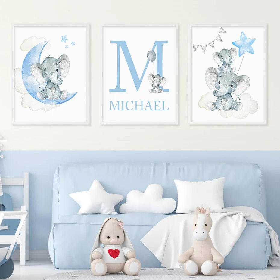 Cute Personalized Baby's Name Wall Art Fine Art Canvas Prints For Nursery Room Baby Elephant Moon & Stars Pictures For Kid's Room Decor.