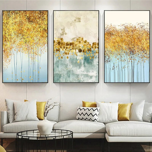 Modern Abstract Auspicious Golden Leaf Forest Wall Art Fine Art Canvas Prints Pictures For Entrance Hall Kitchen Living Room Dining Room Decor
