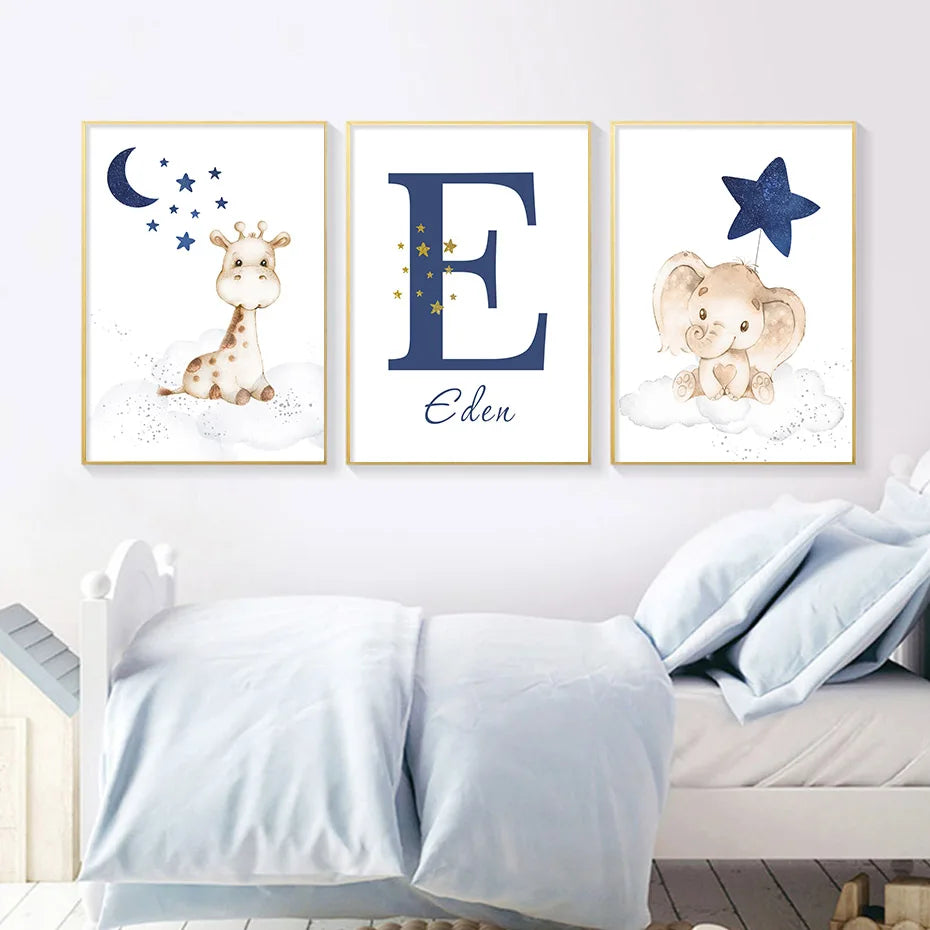 Cute Animals Blue Moon & Stars Personalized Baby's Name Wall Art Fine Art Canvas Prints For Nursery Room Pictures For Kid's Room Decor