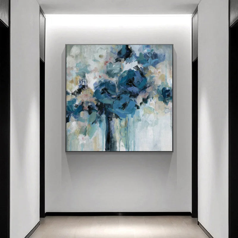 Modern Abstract Blue Floral Wall Art Fine Art Canvas Prints Square Format Pictures For Living Room Bedroom Art For Contemporary Interiors