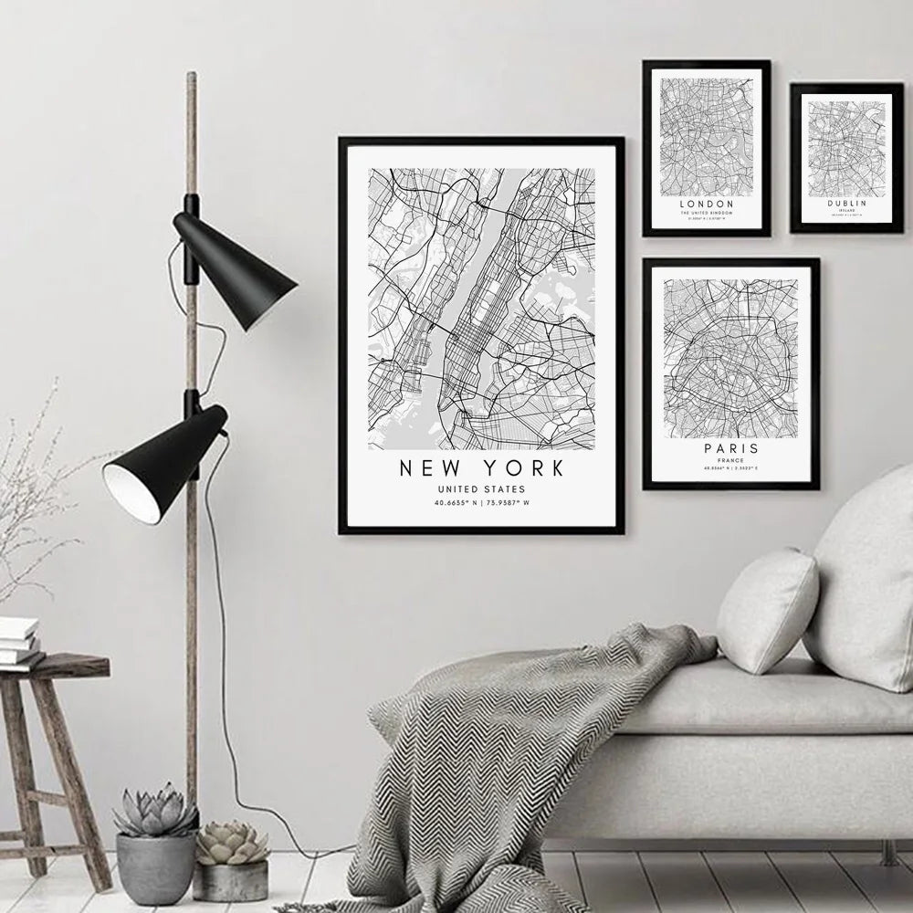 London Paris Amsterdam City Maps Wall Art Fine Art Canvas Print CUSTOM City Map Picture Minimalist Black White Nordic Style Home Office Interior Decor
