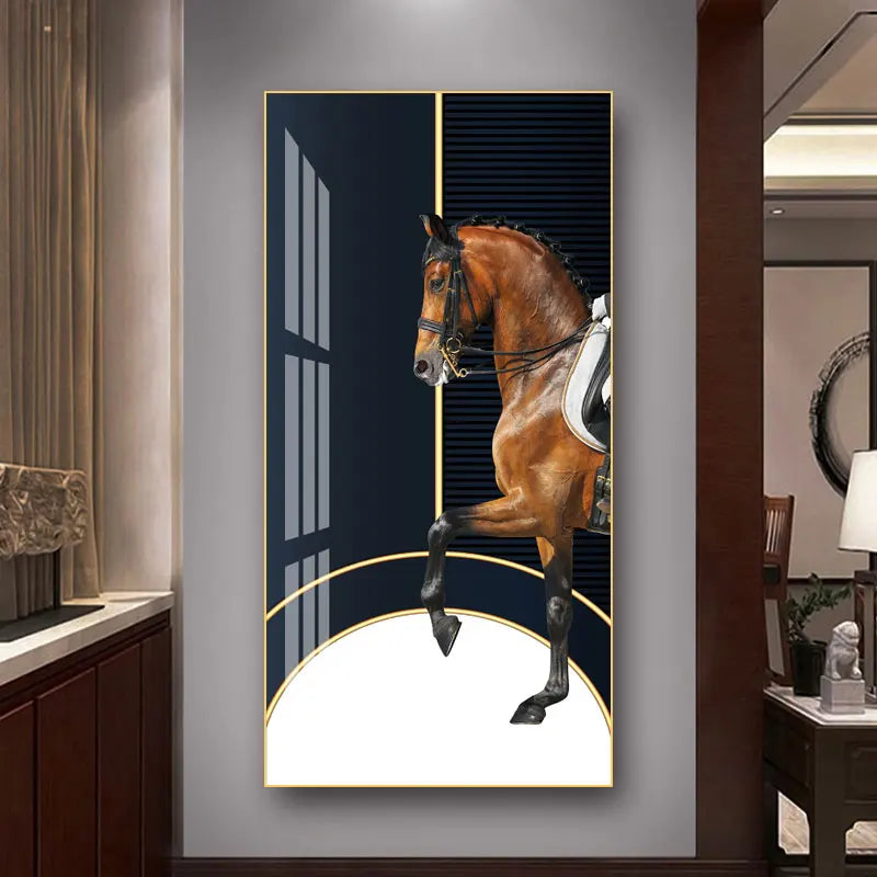 Elegant Equestrian Wall Art Fine Art Canvas Print Majestic Bay Horse Portrait on Abstract Orange Background for Pictures For Modern Interior Decor