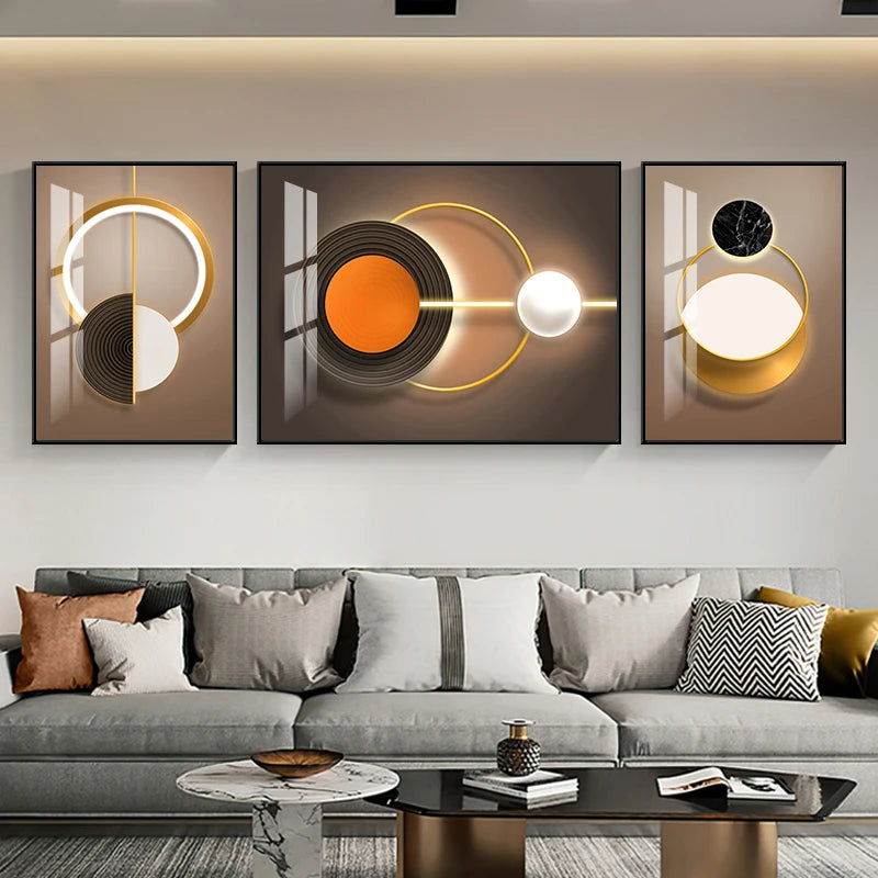 Set of 3Pcs Nordic Abstract Circle Of Light Auspicious Flowing Landscape Wall Art Fine Art Canvas Prints Pictures For Luxury Living Room Dining Room Wall Decor (Triptych, Set of 3)