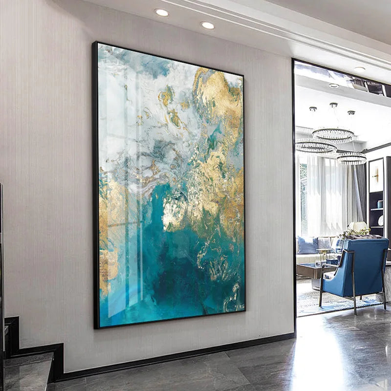 Abstract Aqua Blue Green Jade Golden Liquid Marble Print Wall Art Fine Art Canvas Prints Pictures For Luxury Living Room Art Decor