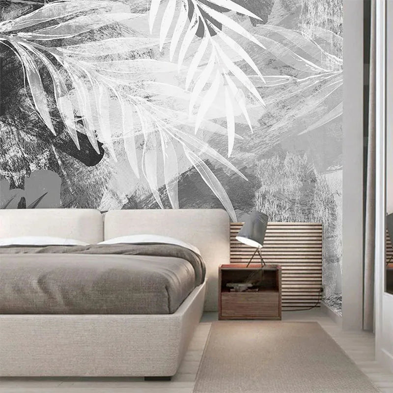 Nordic Wall Mural Black White Abstract Hand Painted Leaf Print Design Large Sizes Wall Art Fresco Custom Size Wall Decor Printed Painting For Living Room Decor