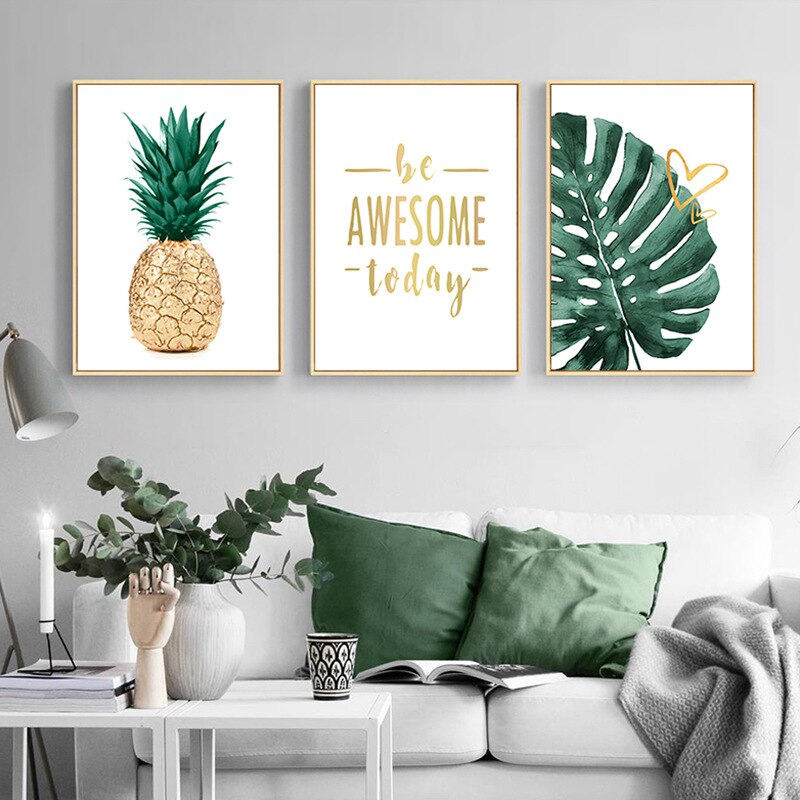 Inspirational Quotes Posters Golden Pineapple Green Leaf Monstera Wall Art Fine Art Canvas Prints For Living Room Home Office Decor