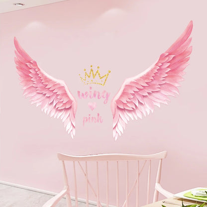Cute Golden Crown Pink Wings Wall Mural For Girl's Bedroom Removable Peel & Stick Vinyl Wall Decal For Creative DIY Kid's Room Wall Decor 