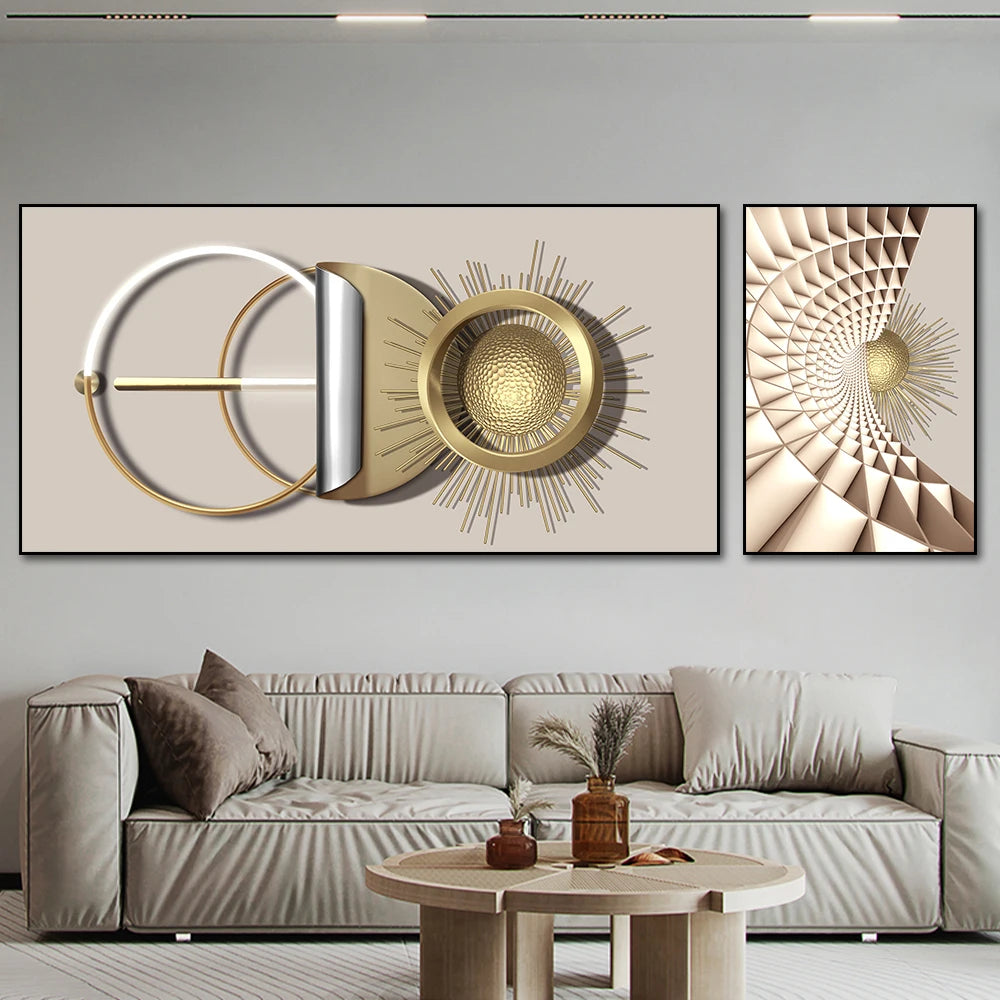 Modern Abstract Golden Sun Moon Wall Art Fine Art Canvas Prints 3d Visual Geometric Pictures For Luxury Loft Penthouse Home Office Decor