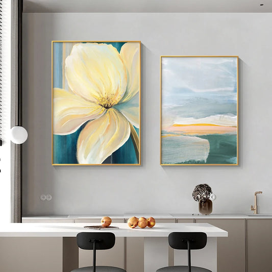 Blue Yellow Floral Landscape Wall Art Fine Art Canvas Prints Modern Botany Pictures For Living Room Dining Room Bedroom Hotel Room Art Decor