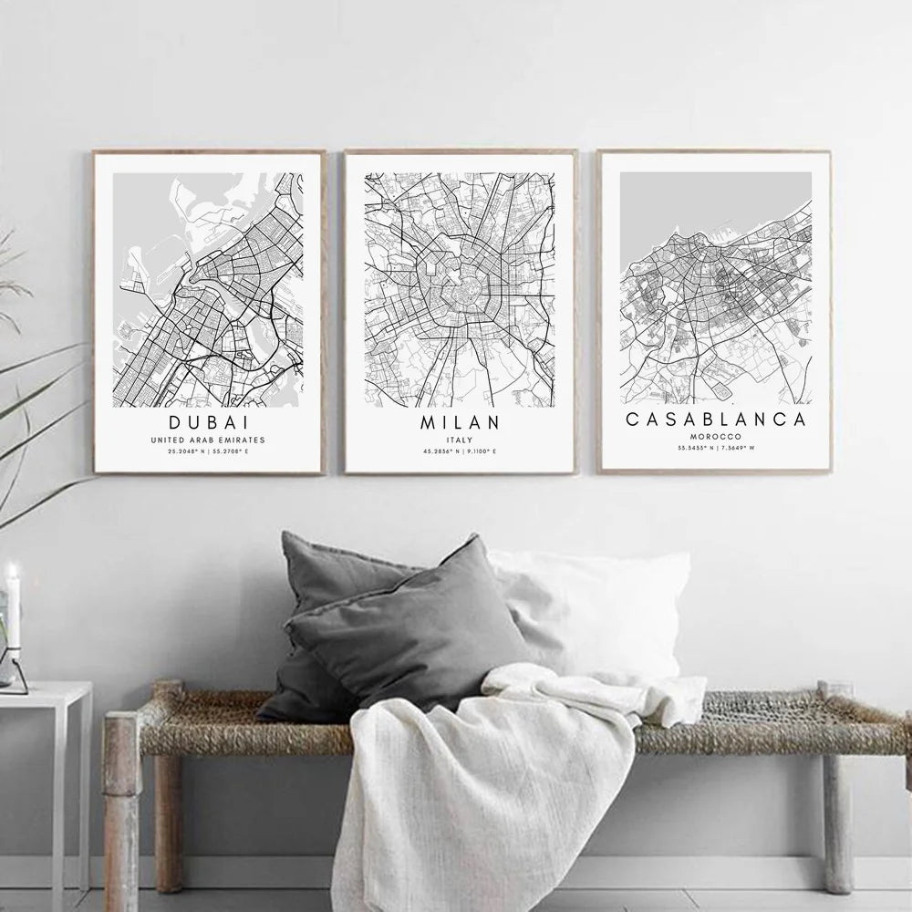 London Paris Amsterdam City Maps Wall Art Fine Art Canvas Print CUSTOM City Map Picture Minimalist Black White Nordic Style Home Office Interior Decor